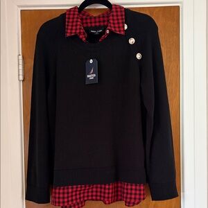 New w/tags Nautica Women's Lakeside Cabin Blk Sweater red check shirt detail.